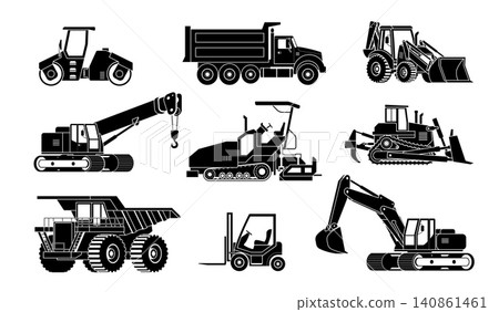 Construction machinery silhouettes. Excavator bulldozer crane heavy truck loader digger equipment vehicle machine industry black silhouette vector qualitative vector illustration 140861461