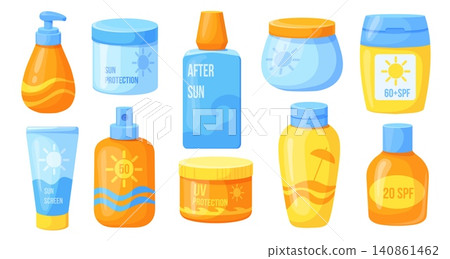 Cartoon sunscreen lotions. Sunblock lotion spf sun screen protection cream, skin care oil cosmetic tube solar burn after summer beach tan bottle container neat vector illustration Cartoon sunscreen lotions. Sunblock lotion spf sun screen protection cream, skin care oil cosmetic tube solar burn after summer beach tan bottle container neat vector illustration 140861462