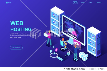 Modern flat design isometric concept of Web Hosting decorated people character for website and mobile website development. Isometric landing page template. Vector illustration. 140861708