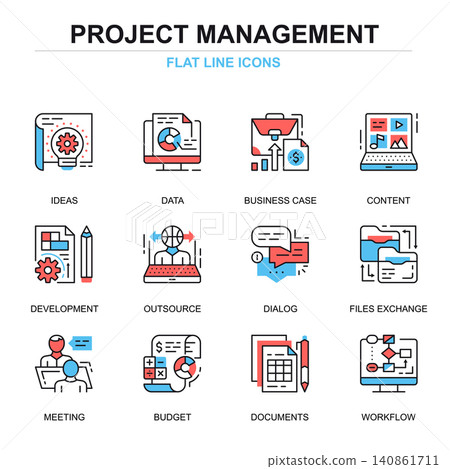 Flat line project management icons concepts set for website and mobile site and apps. Business data and documents workflow. Thin line color simple pictogram pack. Vector illustration. Flat line project management icons concepts set for website and mobile site and apps. Business data and documents workflow. Thin line color simple pictogram pack. Vector illustration. 140861711