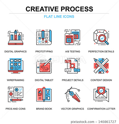 Flat line creative process icons concepts set for website and mobile site and apps. Digital graphics content making, project workflow. Thin line color simple pictogram pack. Vector illustration. 140861727