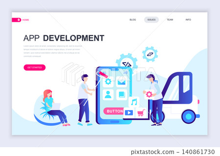 Modern flat web page design template of App Development decorated people character for website and mobile website development. Flat landing page template. Vector illustration. Modern flat web page design template of App Development decorated people character for website and mobile website development. Flat landing page template. Vector illustration. 140861730