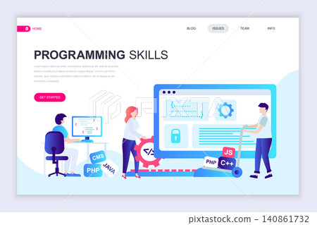 Modern flat web page design template of Programming Skills decorated people character for website and mobile website development. Flat landing page template. Vector illustration. Modern flat web page design template of Programming Skills decorated people character for website and mobile website development. Flat landing page template. Vector illustration. 140861732