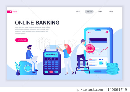 Modern flat web page design template of Online Banking decorated people character for website and mobile website development. Flat landing page template. Vector illustration. Modern flat web page design template of Online Banking decorated people character for website and mobile website development. Flat landing page template. Vector illustration. 140861749