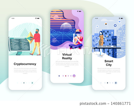 Set of onboarding screens user interface kit for Cryptocurrency, Smart City, Virtual Reality, mobile app templates concept. Modern UX, UI screen for mobile or responsive web site. Vector illustration. Set of onboarding screens user interface kit for Cryptocurrency, Smart City, Virtual Reality, mobile app templates concept. Modern UX, UI screen for mobile or responsive web site. Vector illustration. 140861771