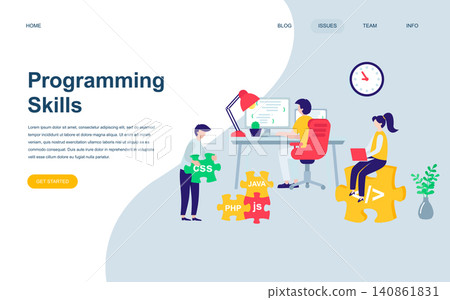 Modern flat web page design template of Programming Skills decorated people character for website and mobile website development. Flat landing page template. Vector illustration. Modern flat web page design template of Programming Skills decorated people character for website and mobile website development. Flat landing page template. Vector illustration. 140861831