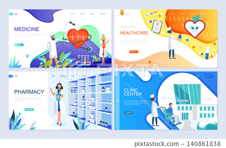 Set of landing page template for Medicine, Healthcare, Pharmacy, Clinic Center. Modern vector illustration flat concepts decorated people character for website and mobile website development. Set of landing page template for Medicine, Healthcare, Pharmacy, Clinic Center. Modern vector illustration flat concepts decorated people character for website and mobile website development. 140861838