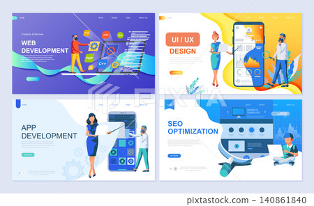 Set of landing page template for Web and App Development, UI/UX Design, SEO. Modern vector illustration flat concepts decorated people character for website and mobile website development. 140861840