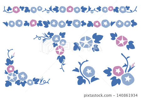 日式現代牽牛花線條裝飾、角框和迷你插畫套裝。 日式現代牽牛花線條裝飾、角框和迷你插畫套裝。 140861934