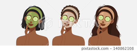 women with cosmetic face masks and cucumber slices vector illustration. women with cosmetic face masks and cucumber slices vector illustration. 140862108