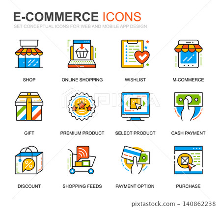Simple Set E-Commerce and Shopping Line Icons for Website and Mobile Apps. Contains such Icons as Delivery, Payment, Basket, Customer, Shop. Conceptual color line icon. Vector pictogram pack. Simple Set E-Commerce and Shopping Line Icons for Website and Mobile Apps. Contains such Icons as Delivery, Payment, Basket, Customer, Shop. Conceptual color line icon. Vector pictogram pack. 140862238