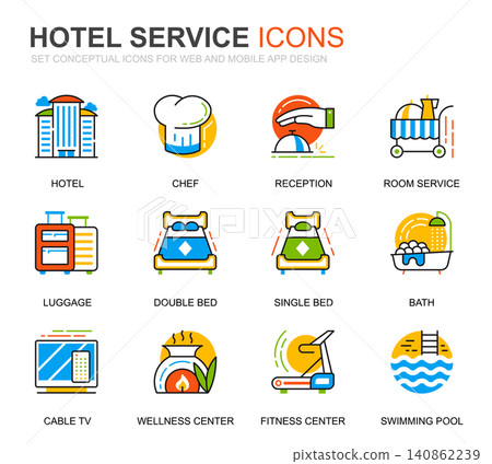 Simple Set Hotel Services Line Icons for Website and Mobile Apps. Contains such Icons as Luggage, Reception, Room Services, Fitness Center. Conceptual color line icon. Vector pictogram pack. Simple Set Hotel Services Line Icons for Website and Mobile Apps. Contains such Icons as Luggage, Reception, Room Services, Fitness Center. Conceptual color line icon. Vector pictogram pack. 140862239