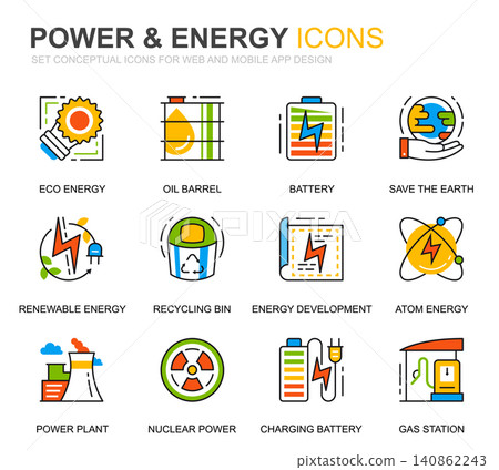 Simple Set Power Industry and Energy Line Icons for Website and Mobile Apps. Contains such Icons as Solar Panel, Eco Energy, Power Plant. Conceptual color line icon. Vector pictogram pack. Simple Set Power Industry and Energy Line Icons for Website and Mobile Apps. Contains such Icons as Solar Panel, Eco Energy, Power Plant. Conceptual color line icon. Vector pictogram pack. 140862243