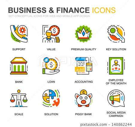 Simple Set Business and Finance Line Icons for Website and Mobile Apps. Contains such Icons as Analysis, Money, Accounting, Strategy, Bank. Conceptual color line icon. Vector pictogram pack. Simple Set Business and Finance Line Icons for Website and Mobile Apps. Contains such Icons as Analysis, Money, Accounting, Strategy, Bank. Conceptual color line icon. Vector pictogram pack. 140862244