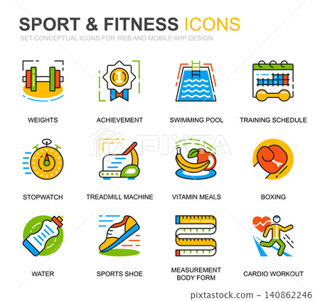 Simple Set Sport and Fitness Line Icons for Website and Mobile Apps. Contains such Icons as Fit Body, Swimming, Fitness App, Supplements. Conceptual color line icon. Vector pictogram pack. Simple Set Sport and Fitness Line Icons for Website and Mobile Apps. Contains such Icons as Fit Body, Swimming, Fitness App, Supplements. Conceptual color line icon. Vector pictogram pack. 140862246
