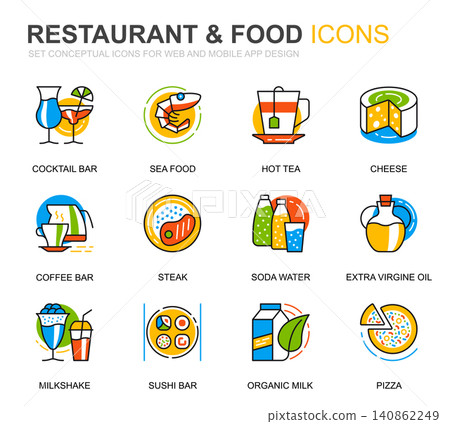 Simple Set Restaurant and Food Line Icons for Website and Mobile Apps. Contains such Icons as Fast Food, Menu, Organic Fruit, Coffee Bar. Conceptual color line icon. Vector pictogram pack. Simple Set Restaurant and Food Line Icons for Website and Mobile Apps. Contains such Icons as Fast Food, Menu, Organic Fruit, Coffee Bar. Conceptual color line icon. Vector pictogram pack. 140862249