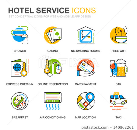 Simple Set Hotel Services Line Icons for Website and Mobile Apps. Contains such Icons as Luggage, Reception, Room Services, Fitness Center. Conceptual color line icon. Vector pictogram pack. Simple Set Hotel Services Line Icons for Website and Mobile Apps. Contains such Icons as Luggage, Reception, Room Services, Fitness Center. Conceptual color line icon. Vector pictogram pack. 140862261