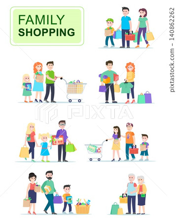 Set of people carrying shopping bags with purchases. Men and women go shopping with their children, sales in stores. Cartoon characters isolated on white background. Flat vector illustration. Set of people carrying shopping bags with purchases. Men and women go shopping with their children, sales in stores. Cartoon characters isolated on white background. Flat vector illustration. 140862262