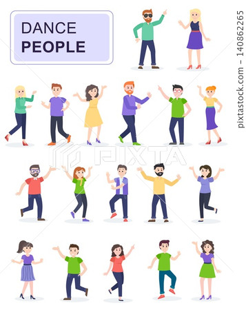 Set of young happy dancing people or male and female dancers. Smiling young men and women enjoying dance party. Cartoon characters isolated on white background. Flat vector illustration. Set of young happy dancing people or male and female dancers. Smiling young men and women enjoying dance party. Cartoon characters isolated on white background. Flat vector illustration. 140862265