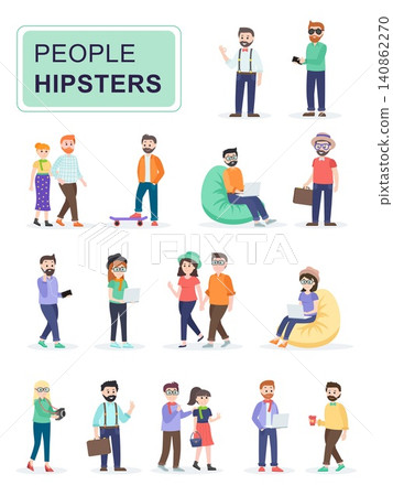 Set of stylish hipster people. Fashion girls and boys in different hipster suits. Cartoon characters isolated on white background. Flat vector illustration. Set of stylish hipster people. Fashion girls and boys in different hipster suits. Cartoon characters isolated on white background. Flat vector illustration. 140862270