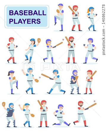 Set of baseball players at classic uniform. Men and girls play baseball serve and beat off a ball. Cartoon characters isolated on white background. Flat vector illustration. Set of baseball players at classic uniform. Men and girls play baseball serve and beat off a ball. Cartoon characters isolated on white background. Flat vector illustration. 140862278