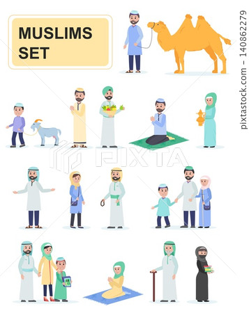 Set of muslims in national dress. Men and women muslims traditional family. Cartoon characters isolated on white background. Flat vector illustration. Set of muslims in national dress. Men and women muslims traditional family. Cartoon characters isolated on white background. Flat vector illustration. 140862279