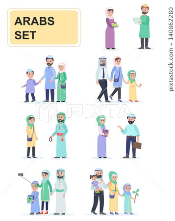 Set of Arabs in national dress. Men and women Arabs traditional family. Cartoon characters isolated on white background. Flat vector illustration. Set of Arabs in national dress. Men and women Arabs traditional family. Cartoon characters isolated on white background. Flat vector illustration. 140862280