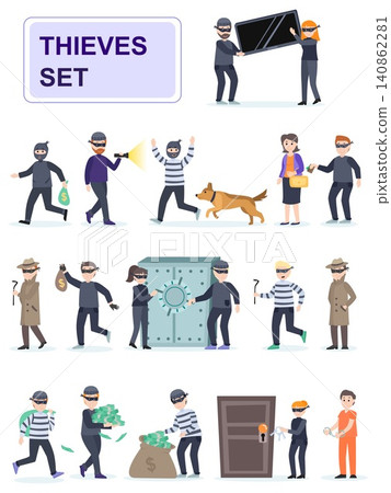 Set of criminals in different poses. Criminals and thieves risk and rob banks and people. Cartoon characters isolated on white background. Flat vector illustration. Set of criminals in different poses. Criminals and thieves risk and rob banks and people. Cartoon characters isolated on white background. Flat vector illustration. 140862281