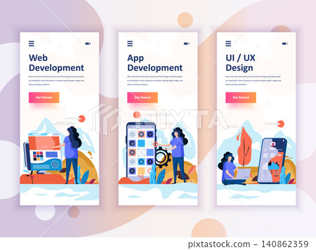 Set of onboarding screens user interface kit for Web and App Development, UI Design, mobile app templates concept. Modern UX, UI screen for mobile or responsive web site. Vector illustration. Set of onboarding screens user interface kit for Web and App Development, UI Design, mobile app templates concept. Modern UX, UI screen for mobile or responsive web site. Vector illustration. 140862359