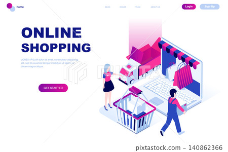 Modern flat design isometric concept of Online Shopping decorated people character for website and mobile website development. Isometric landing page template. Vector illustration. Modern flat design isometric concept of Online Shopping decorated people character for website and mobile website development. Isometric landing page template. Vector illustration. 140862366