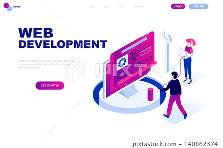 Modern flat design isometric concept of Web Development decorated people character for website and mobile website development. Isometric landing page template. Vector illustration. 140862374