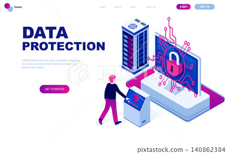 Modern flat design isometric concept of Data Protection decorated people character for website and mobile website development. Isometric landing page template. Vector illustration. 140862384