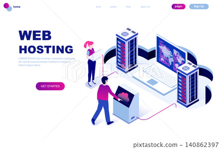 Modern flat design isometric concept of Web Hosting decorated people character for website and mobile website development. Isometric landing page template. Vector illustration. Modern flat design isometric concept of Web Hosting decorated people character for website and mobile website development. Isometric landing page template. Vector illustration. 140862397