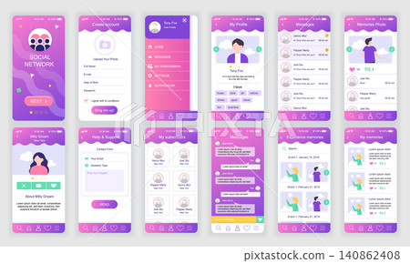 Set of UI, UX, GUI screens Social Network app flat design template for mobile apps, responsive website wireframes. Web design UI kit. Social Network Dashboard. Set of UI, UX, GUI screens Social Network app flat design template for mobile apps, responsive website wireframes. Web design UI kit. Social Network Dashboard. 140862408