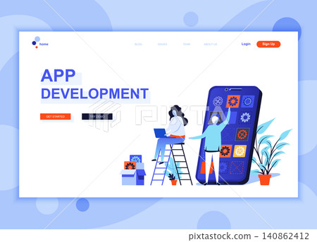 Modern flat web page design template concept of App Development decorated people character for website and mobile website development. Flat landing page template. Vector illustration. Modern flat web page design template concept of App Development decorated people character for website and mobile website development. Flat landing page template. Vector illustration. 140862412