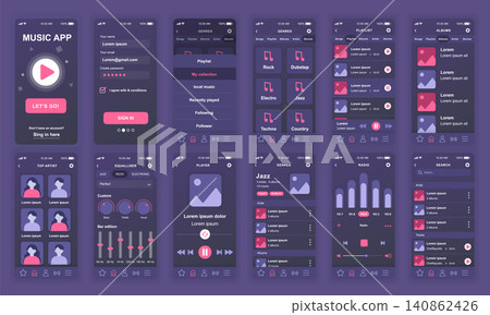 Set of UI, UX, GUI screens Music app flat design template for mobile apps, responsive website wireframes. Web design UI kit. Music Dashboard. Set of UI, UX, GUI screens Music app flat design template for mobile apps, responsive website wireframes. Web design UI kit. Music Dashboard. 140862426