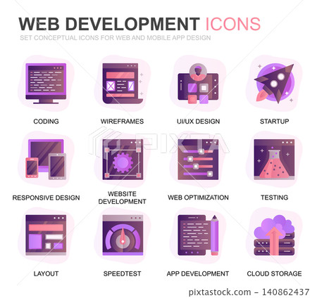 Modern Set Web Disign and Development Gradient Flat Icons for Website and Mobile Apps. Contains such Icons as Coding, App Development, Usability. Conceptual color flat icon. Vector pictogram pack. Modern Set Web Disign and Development Gradient Flat Icons for Website and Mobile Apps. Contains such Icons as Coding, App Development, Usability. Conceptual color flat icon. Vector pictogram pack. 140862437