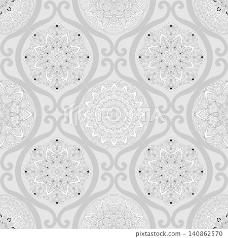 Grey mandalas, boho style, grey background. Seamless floral pattern-185. Grey mandalas, boho style, grey background. Seamless floral pattern-185. 140862570