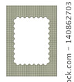 Plaid grid photo frame in olive green color, wavy scalloped border, textured woven pattern mockup template 140862703