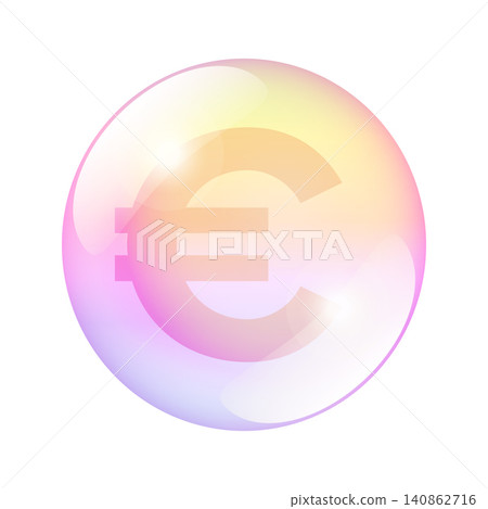 Euro bubble, visual metaphor representing an economic or financial bubble. Euro currency sign of the eurozone inside the center of a translucent spherical bubble with soft pastel gradients. Vector Euro bubble, visual metaphor representing an economic or financial bubble. Euro currency sign of the eurozone inside the center of a translucent spherical bubble with soft pastel gradients. Vector 140862716