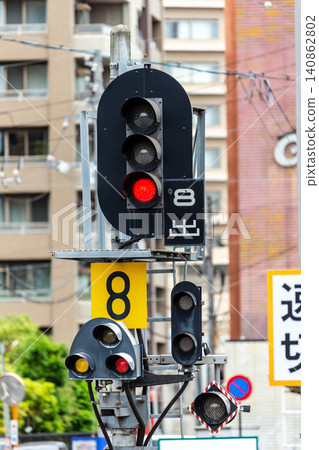 Railway departure signals and shunting signals (red signal/stop indicator) Railway departure signals and shunting signals (red signal/stop indicator) 140862802