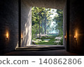 3d render of a minimalist concrete interior opening to a lush forest garden with soft sunlight 140862806