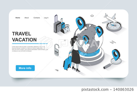 Travel vacation concept in 3d isometric landing page outline design. Woman with luggage chooses directions, search tours, book tickets for plane and hotel, line web template. Vector illustration. Travel vacation concept in 3d isometric landing page outline design. Woman with luggage chooses directions, search tours, book tickets for plane and hotel, line web template. Vector illustration. 140863026