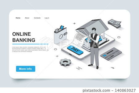 Banking service concept in 3d isometric landing page outline design. Bank client pays invoice, makes financial transactions on account, manages finances line web template. Vector illustration. Banking service concept in 3d isometric landing page outline design. Bank client pays invoice, makes financial transactions on account, manages finances line web template. Vector illustration. 140863027