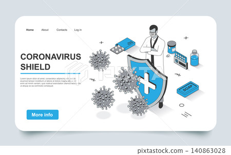 Stop coronavirus concept in 3d isometric landing page outline design. Medic protects health from virus, caution and prevention measures, disease treatment, line web template. Vector illustration. 140863028
