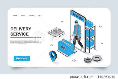 Delivery service concept in 3d isometric landing page outline design. Warehouse worker carries parcel, courier delivery box, fast shipping transportation, line web template. Vector illustration. Delivery service concept in 3d isometric landing page outline design. Warehouse worker carries parcel, courier delivery box, fast shipping transportation, line web template. Vector illustration. 140863030