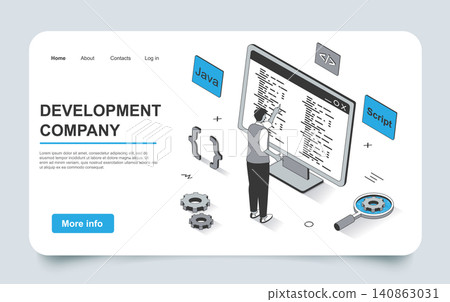 Development concept in 3d isometric landing page outline design. Developer programs and writes code in Java, creates spripts, engineering and optimizes, line web template. Vector illustration. Development concept in 3d isometric landing page outline design. Developer programs and writes code in Java, creates spripts, engineering and optimizes, line web template. Vector illustration. 140863031