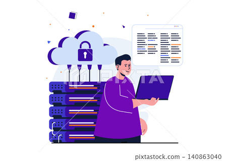 Cloud computing modern flat concept for web banner design. Engineer works in server room, maintenance hardware and ensures stable operation of system. Vector illustration with isolated people scene Cloud computing modern flat concept for web banner design. Engineer works in server room, maintenance hardware and ensures stable operation of system. Vector illustration with isolated people scene 140863040