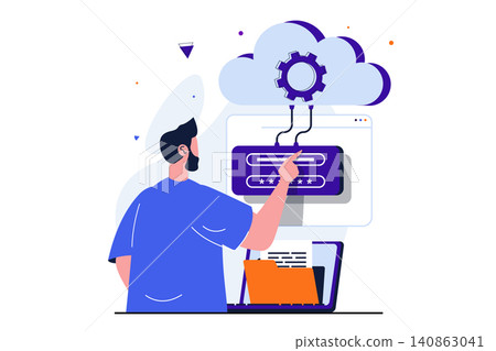 Cloud computing modern flat concept for web banner design. Man enters password and login to access cloud storage for uploading and processing files. Vector illustration with isolated people scene Cloud computing modern flat concept for web banner design. Man enters password and login to access cloud storage for uploading and processing files. Vector illustration with isolated people scene 140863041
