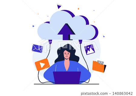 Cloud computing modern flat concept for web banner design. Woman sharing videos and images online, backing up files to cloud storage from laptop. Vector illustration with isolated people scene Cloud computing modern flat concept for web banner design. Woman sharing videos and images online, backing up files to cloud storage from laptop. Vector illustration with isolated people scene 140863042